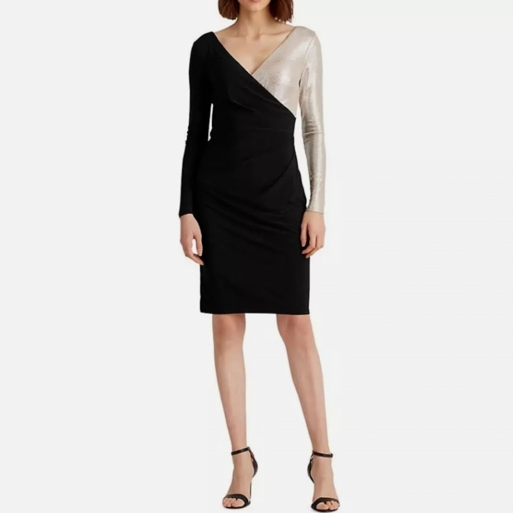 🔥Ralph Lauren | Black + Silver Two Tone Surplice Cocktail Dress